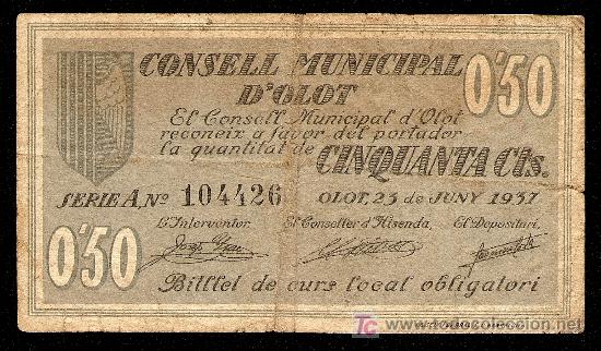Billetes locales: OLOT (GERONA): 50 Centimos 1937 MBC - Foto 1
