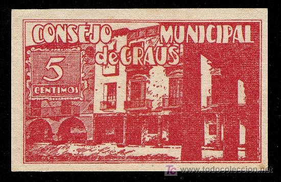 Billetes locales: GRAUS (HUESCA): 5 Centimos 1937 S/C - Foto 2