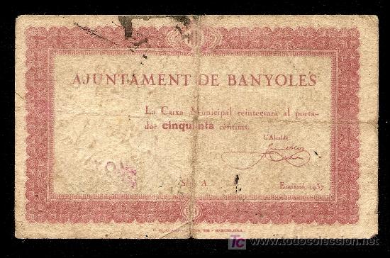Billetes locales: BANYOLES (GERONA): 50 Centimos 1937 MBC - Foto 1