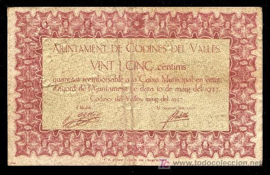 Billetes locales: CODINES DEL VALLES (BARCELONA): 25 Centimos 1937 MBC+ - Foto 1