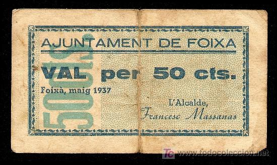 Billetes locales: FOIXA (GERONA): 50 Centimos 1937 MBC/MBC+ - Foto 1