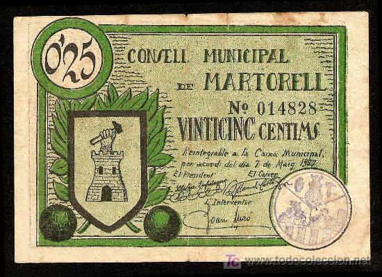 Billetes locales: MARTORELL (BARCELONA): 25 Centimos 1937 MBC+ - Foto 1