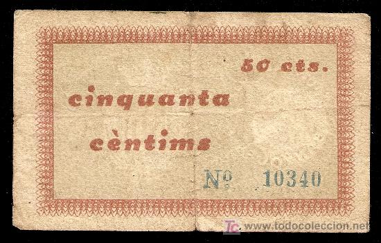 Billetes locales: BANYOLES (GERONA): 50 Centimos 1937 MBC - Foto 2
