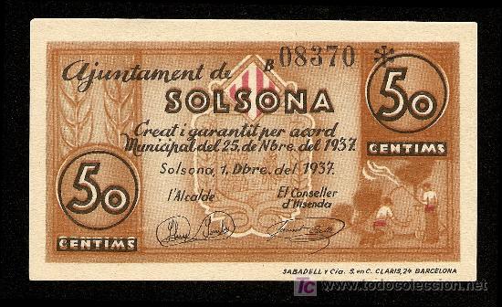 Billetes locales: SOLSONA: 50 Centimos 1937  S/C - Foto 1