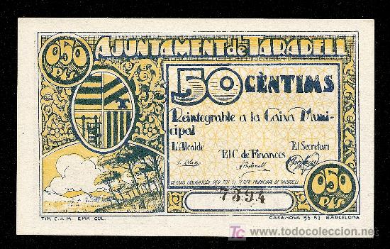 Billetes locales: TARADELL (BARCELONA): 50 Centimos 1937  S/C - Foto 1