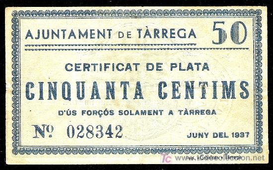 Billetes locales: TARREGA (LERIDA): 50 Centimos 1937  EBC - Foto 1