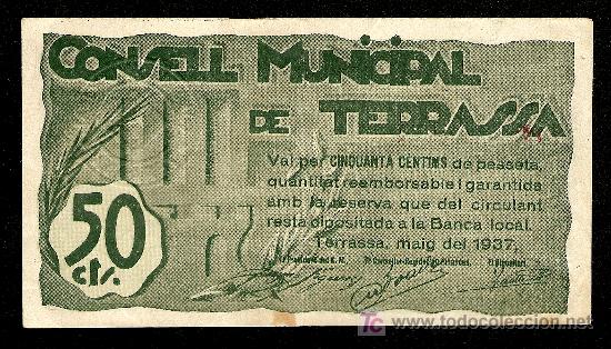 Billetes locales: TERRASSA (BARCELONA): 50 Centimos 1937  EBC+ - Foto 1