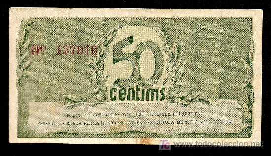 Billetes locales: TERRASSA (BARCELONA): 50 Centimos 1937  EBC+ - Foto 2