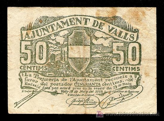 Billetes locales: VALLS: 50 Centimos 1937 MBC/MBC+ - Foto 1