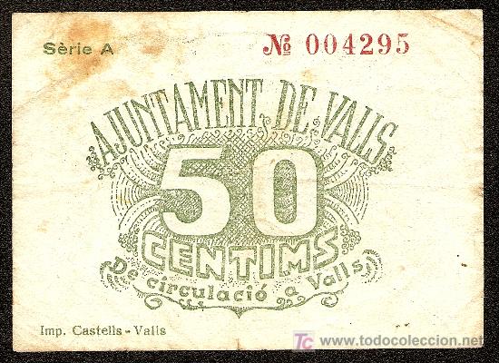 Billetes locales: VALLS: 50 Centimos 1937 MBC/MBC+ - Foto 2