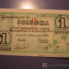 Billetes locales: BILLETE LOCAL GUERRA CIVIL AJUNTAMENT SOLSONA: 1 PESETA 1937 S/C. Lote 232613370