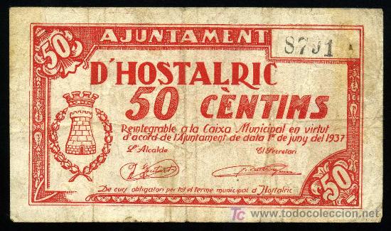 Billetes locales: HOSTALRIC (GERONA): 50 Centimos JUNIO-1937 MBC - Foto 1