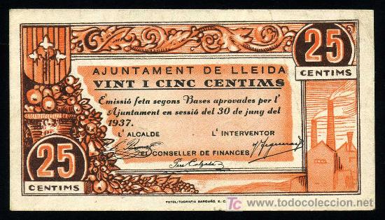 Billetes locales: LLEIDA (LERIDA) 25 CTMOS. 30 DE JUNIO 1937 EBC+ - Foto 1
