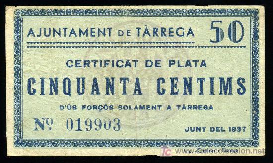Billetes locales: TARREGA (LERIDA): 50 CENTS. JUNIO 1937 EBC- - Foto 1