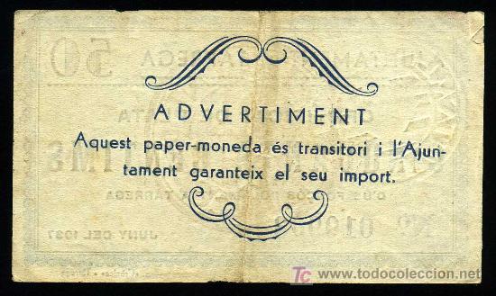 Billetes locales: TARREGA (LERIDA): 50 CENTS. JUNIO 1937 EBC- - Foto 2