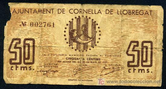 Billetes locales: CORNELLA DE LLOBREGAT ( BARCELONA ) : 50 Centimos 1937  BC+ - Foto 1