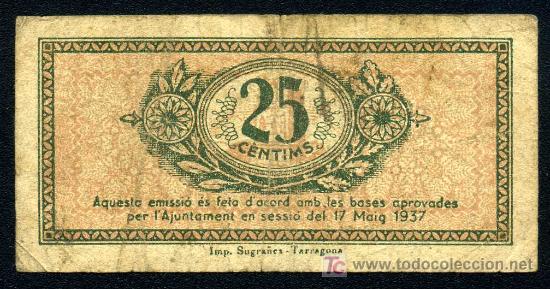 Billetes locales: TARRAGONA : 25 Centimos 1937  MBC - Foto 2