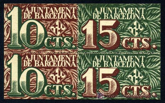 Billetes locales: BARCELONA :  10 y 15 Centimos en Bloque de Dos EBC+ - Foto 1
