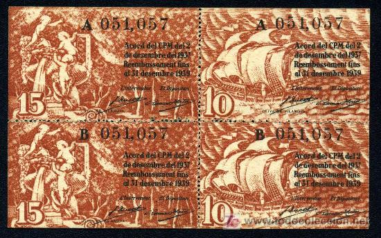 Billetes locales: BARCELONA :  10 y 15 Centimos en Bloque de Dos EBC+ - Foto 2