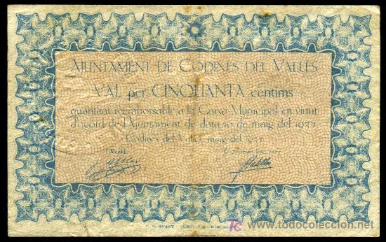 Billetes locales: CODINES DEL VALLES (BARCELONA) : 50 Centimos Mayo 1937  EBC - Foto 1