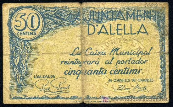 Billetes locales: ALELLA (BARCELONA) : 50 Centimos   Aprox. MBC - Foto 1