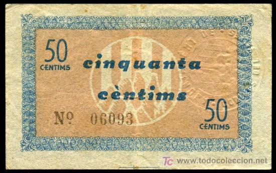 Billetes locales: CODINES DEL VALLES (BARCELONA) : 50 Centimos Mayo 1937  EBC - Foto 2