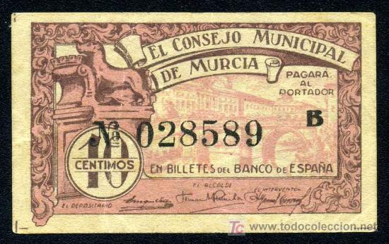 Billetes locales: MURCIA : 10 Centimos 1937  Serie B   Aprox. EBC - Foto 1