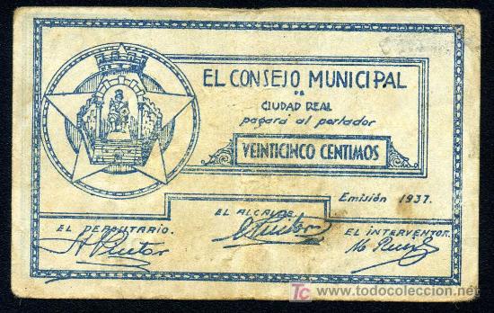 Billetes locales: CIUDAD REAL : 25 Centimos 1937  Serie C  MBC+ - Foto 1