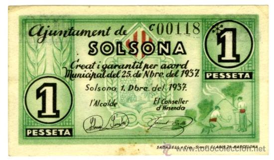 Billetes locales: 1 PTA SOLSONA 1 DICIEMBRE 1937 - Foto 1