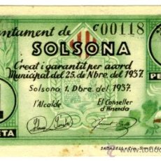 Billetes locales: 1 PTA SOLSONA 1 DICIEMBRE 1937