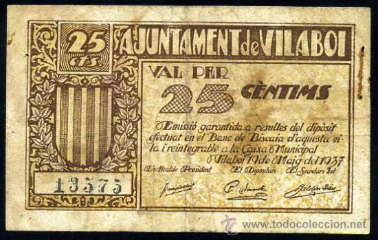 Billetes locales: VILABOI (BARCELONA): 25 Centimos 1937 MBC - Foto 1