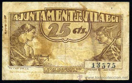 Billetes locales: VILABOI (BARCELONA): 25 Centimos 1937 MBC - Foto 2