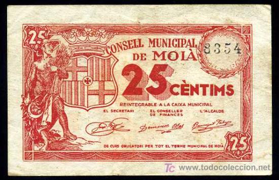 Billetes locales: MOIA (Barcelona) : 25 Centimos  MBC+/EBC- - Foto 1