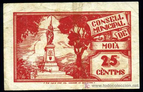 Billetes locales: MOIA (Barcelona) : 25 Centimos  MBC+/EBC- - Foto 2