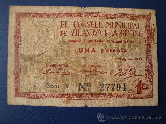 Billetes locales: VILANOVA I LA GELTR&Uacute; 1 PTA (SERIE A) - Foto 1
