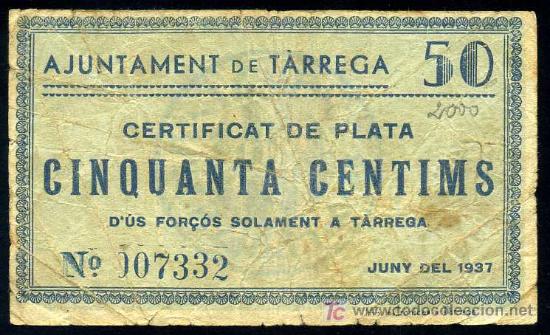 Billetes locales: TARREGA (LERIDA) : 50 Centimos Junio del 1937  Aprox. MBC - Foto 1