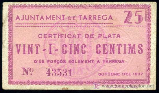 Billetes locales: TARREGA (LERIDA) : 25 Centimos Octubre 1937  EBC - Foto 1