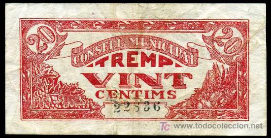 Billetes locales: TREMP (LERIDA) : 20 Centimos 1937  MBC+ - Foto 1