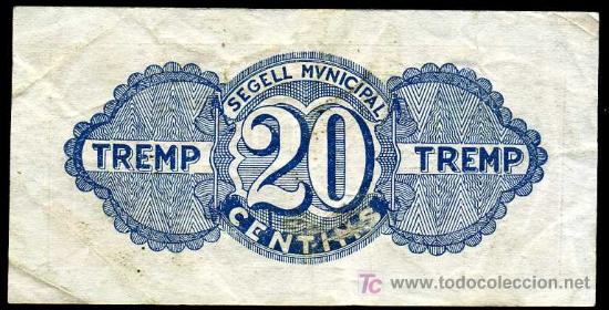 Billetes locales: TREMP (LERIDA) : 20 Centimos 1937  MBC+ - Foto 2