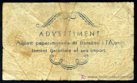 Billetes locales: TARREGA (LERIDA) : 50 Centimos Junio del 1937  Aprox. MBC - Foto 2
