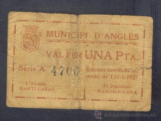 Billetes locales: 1 PTA. DEL AYUNT. DE ANGLES DEL 11-05-1937 ESCASA - Foto 1