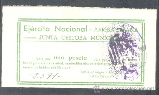 Billetes locales: 1 PTA. DEL EJERCITO NACIONAL DE LA POBLA DE SEGUR RARO Y S/C - Foto 1