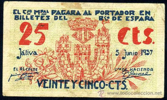 Billetes locales: JATIVA (VALENCIA) : 25 Centimos 5 Junio 1937 - Foto 2