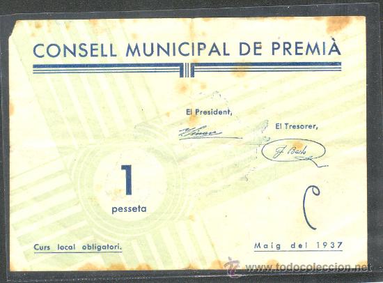 Billetes locales: 1 PTA. CONSELL MUNICIPAL DE PREMIA - Foto 1
