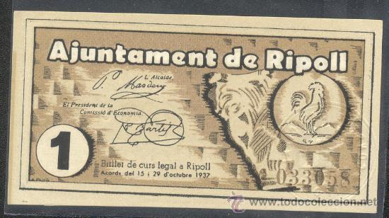 Billetes locales: 1 PTA DEL AJUNTAMENT RIPOLL SC - Foto 1