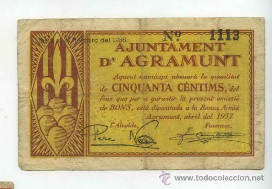 Billetes locales: BILLETE LOCAL DE AGRAMUNT 50 CENTIMOS. - Foto 1