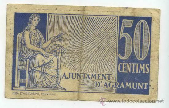 Billetes locales: BILLETE LOCAL DE AGRAMUNT 50 CENTIMOS. - Foto 2