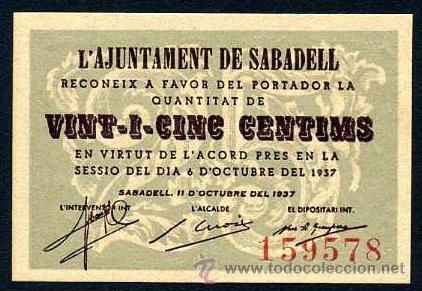 Billetes locales: SABADELL : 25 CENTIMOS 1937 - Foto 1