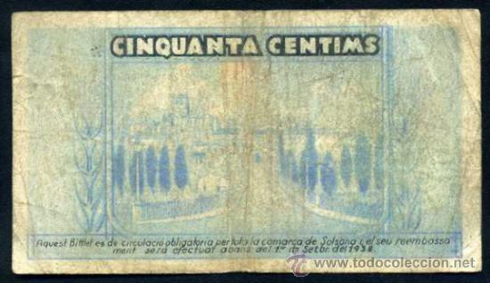 Billetes locales: SOLSONA : 50 CENTIMOS 1937 - Foto 2