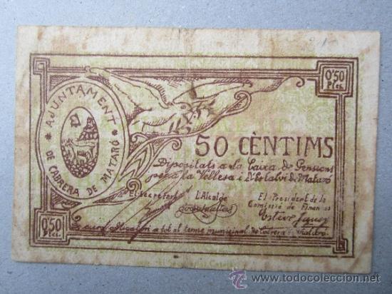 Billetes locales: 50 centims ajuntament de cabrera de mataro. - Foto 2